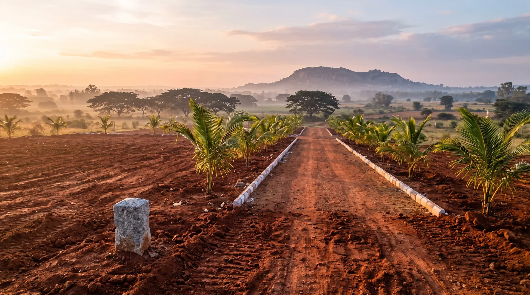 Ground-level view of a laterite road between new plots, with a boundary stone and young coconut palms