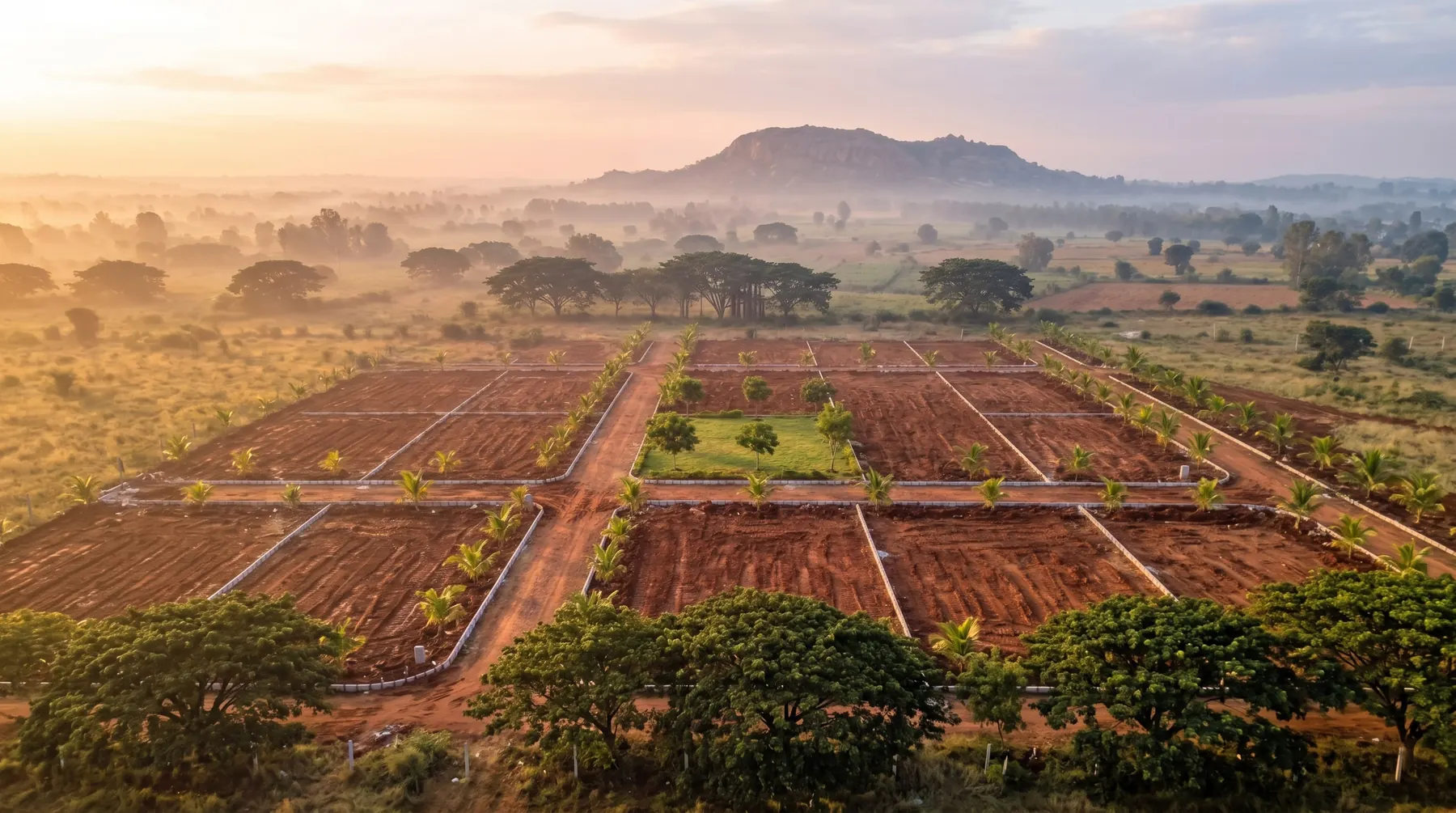 Wide aerial view of the layout set among farmland and trees, with a granite hill on the horizon